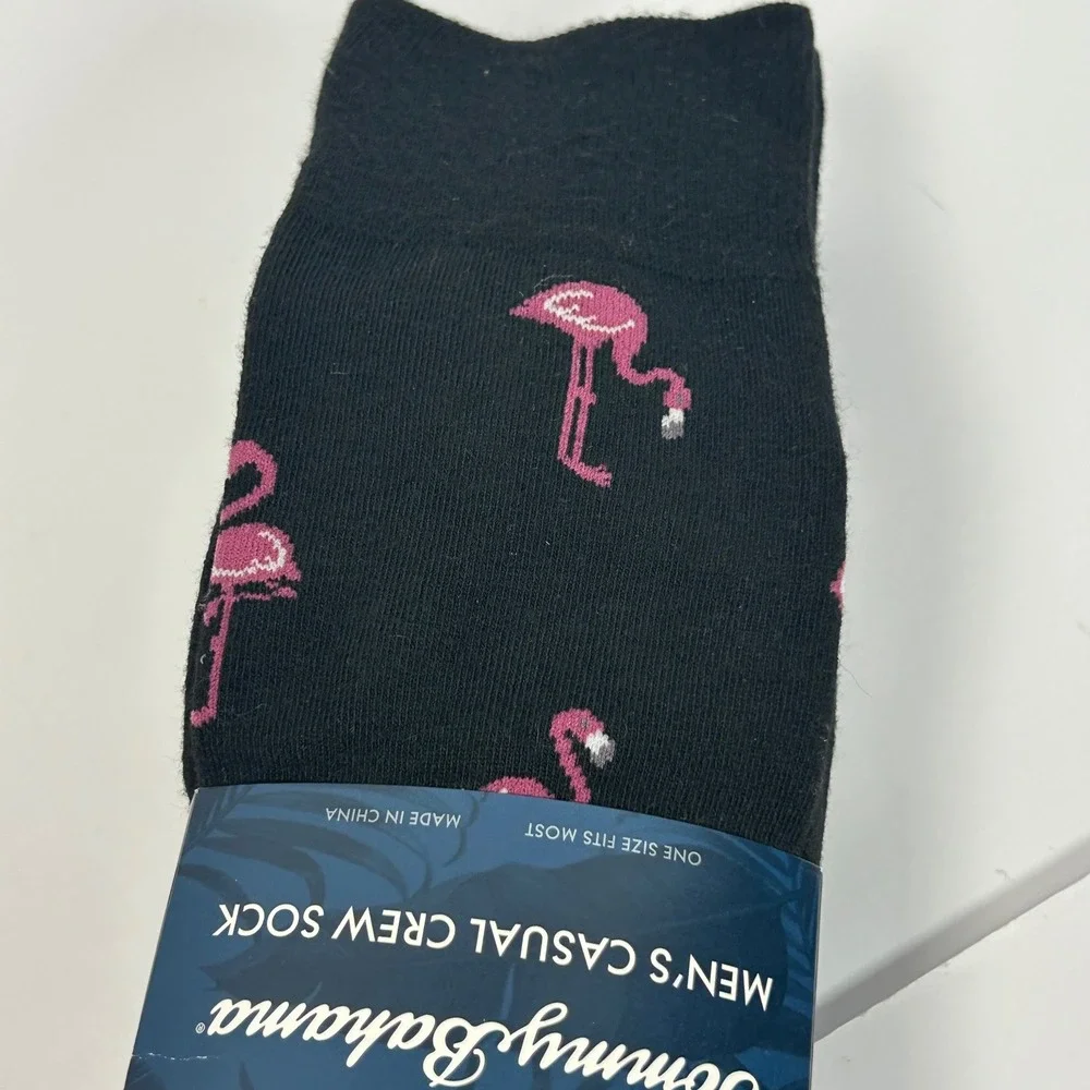 Tommy Bahama Mens 6 Pair Crew Socks Black Flamingo Palm Tree Marlin One‎ Size